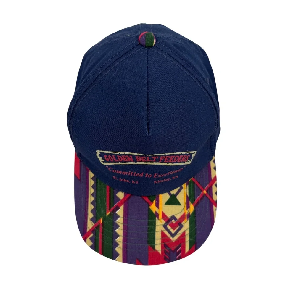 Vintage Golden Belt Feeders Trucker Hat Navy Southwestern Tribal Brim Snapback